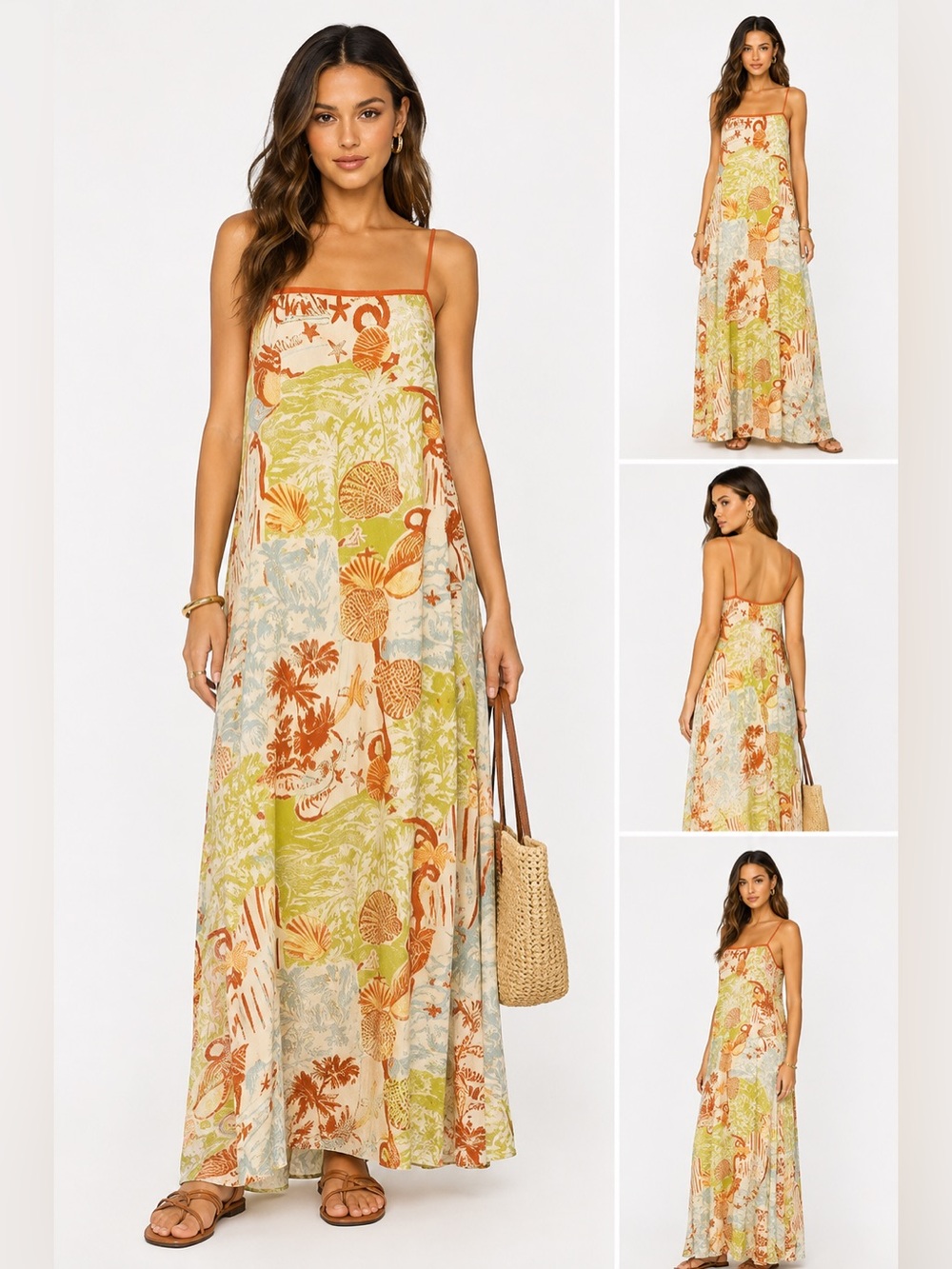 NWT Printed Spaghetti-Strap Maxi Dress in Orange, Green & Cream - Picture 2 of 2